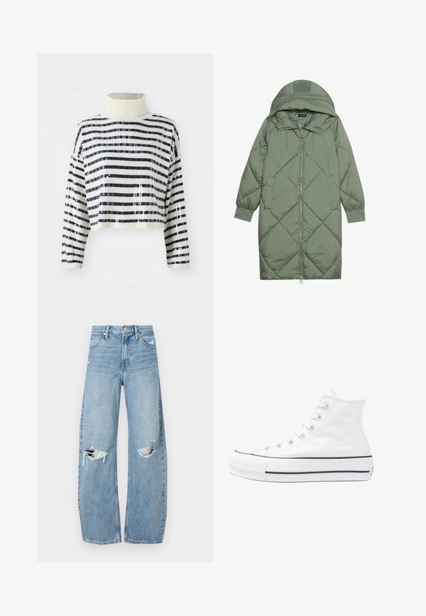 Gequiltede lange groene pufferjas met een capuchon, met een ritssluiting aan de voorkant en twee zijzakken. Gelaagd ruitpatroon overal.; Verschoten trui met een hoge kraag, voorzien van marineblauwe en witte horizontale strepen en een paillettenafwerking voor textuur en sparkle.; Lichtblauwe, hooggeritste jeans van denim. Beschikken over wijde pijpen, twee gescheurde knievalken en klassieke vijfzakken styling.; Witte high-top canvas sneakers met een zwarte rubberen zool, een rubberen neuskap aan de voorkant en zes gaatjes voor veters, met een schone, minimalistische uitstraling.