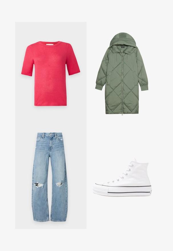 Izšūts garš zaļš pūšļa mētelis ar kapuci, ar priekšējo rāvējslēdzēju un divām sānu kabatām. Visā virsmā ir teksturēta dimanta raksts.; Īsām piedurknēm, apaļo kakla t-krekls spilgti rozā krāsā. Izgatavots no viegla materiāla ar gludu tekstūru un minimālām šuvēm.; Gaiši zili, augstās vidukļa džinsi, kas izgatavoti no denima. Iespējas plašas kājas, divas plēstas ceļa daļas un klasiskā piecu kabatu dizains.; Balti augstie kanvas sporta apavi ar melnu gumijas zoli, priekšējo gumijas purngalu un sešām acīm lencēm, kuriem ir tīrs, minimālistisks dizains.