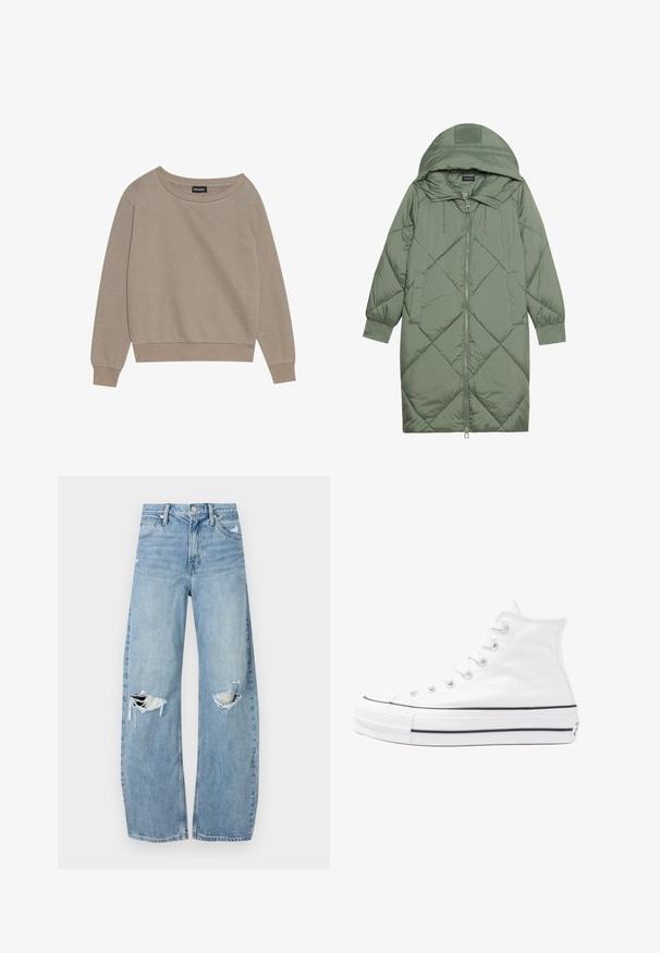 Casaco puffer longo verde acolchoado com capuz, apresentando um fecho frontal com zíper e dois bolsos laterais. Padrão texturizado em forma de diamante por todo o casaco.; Sweatshirt bege de mangas longas com um decote largo e punhos canelados. Tecido suave, corte descontraído, com costuras mínimas e sem padrões.; Jeans de lavagem clara, de cintura alta, feitos de denim. Apresentam pernas largas, duas áreas rasgadas nos joelhos e o estilo clássico de cinco bolsos.; Sapatilha alta de tela branca com sola de borracha preta, bico de borracha na frente e seis ilhós para os atacadores, apresentando um design limpo e minimalista.