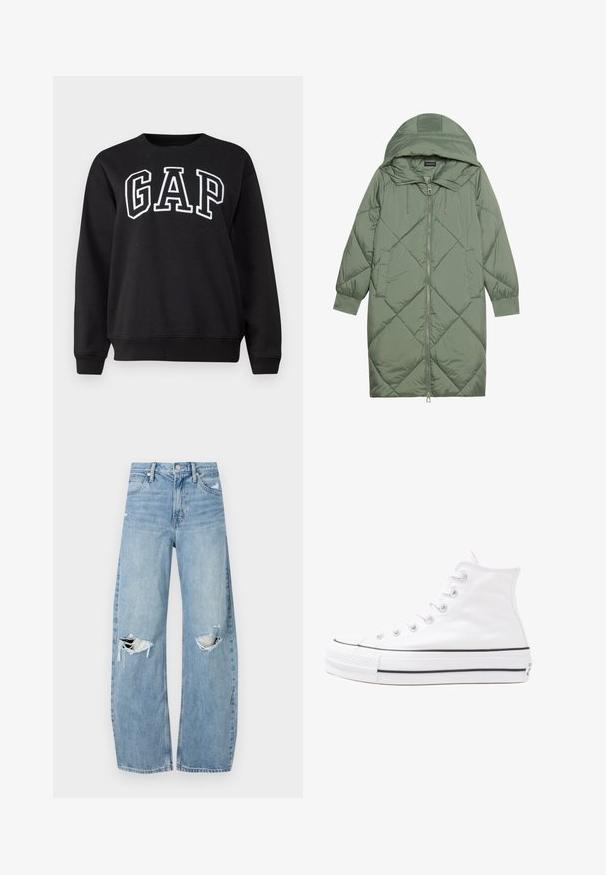 Cappotto lungo imbottito verde con un cappuccio, caratterizzato da una chiusura frontale a zip e due tasche laterali. Motivo a rombi testurizzati su tutta la superficie.; Felpa nera in cotone con scollatura rotonda. Presenta una grande scritta bianca "GAP" sulla parte anteriore. Maniche lunghe e polsini a costine.; Jeans azzurri chiari a vita alta realizzati in denim. Presentano gambe larghe, due aree strappate sulle ginocchia e il classico styling a cinque tasche.; Sneaker alta in tela bianca con suola in gomma nera, punta in gomma frontale e sei asole per i lacci, caratterizzata da un design pulito e minimalista.