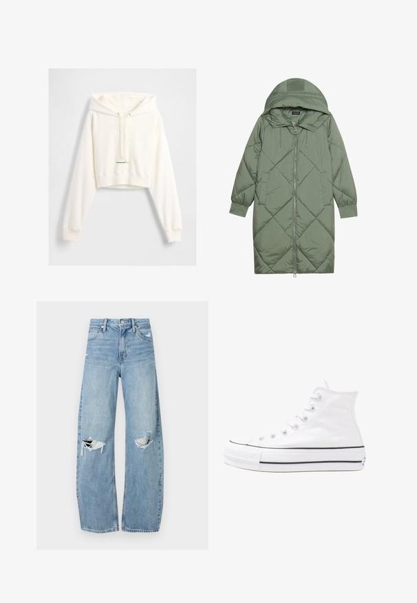 Cappotto lungo imbottito verde con un cappuccio, caratterizzato da una chiusura frontale a zip e due tasche laterali. Motivo a rombi testurizzati su tutta la superficie.; Cappuccio corto di colore crema chiaro realizzato in tessuto morbido, presenta un cappuccio con lacci, maniche raglan, logo "GAP" in rilievo e polsini a coste.; Jeans azzurri chiari a vita alta realizzati in denim. Presentano gambe larghe, due aree strappate sulle ginocchia e il classico styling a cinque tasche.; Sneaker alta in tela bianca con suola in gomma nera, punta in gomma frontale e sei asole per i lacci, caratterizzata da un design pulito e minimalista.