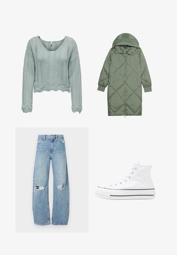 Cappotto lungo imbottito verde con un cappuccio, caratterizzato da una chiusura frontale a zip e due tasche laterali. Motivo a rombi testurizzati su tutta la superficie.; Maglione corto verde chiaro realizzato in tessuto lavorato a maglia, con scollatura a V, maniche lunghe e orlo ondulato. Presenta un motivo a traforo su tutta la superficie.; Jeans azzurri chiari a vita alta realizzati in denim. Presentano gambe larghe, due aree strappate sulle ginocchia e il classico styling a cinque tasche.; Sneaker alta in tela bianca con suola in gomma nera, punta in gomma frontale e sei asole per i lacci, caratterizzata da un design pulito e minimalista.