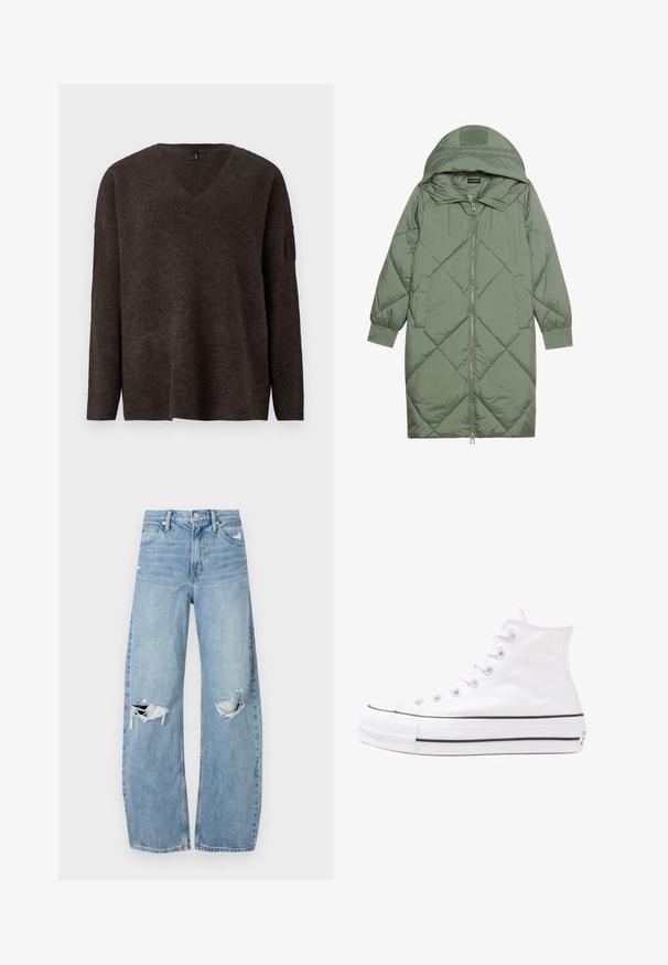 Quiltet lang grønn pufferjakke med hette, med en frontglidelås og to sidelommer. Teksturerte diamantmønster overalt.; Mørkebrun genser med v-hals, lange ermer og avslappet passform. Myk tekstur og lett rilling ved mansjettene og kanten. Ingen synlige logoer.; Lyseblå høytlivsjeans laget av denim. Har vide bein, to revne knær og klassisk fem-lommers design.; Hvit høy-skinn kanvas sneakers med svart gummisåle, gummitåhette foran og seks hull for snorer, med et rent, minimalistisk design.