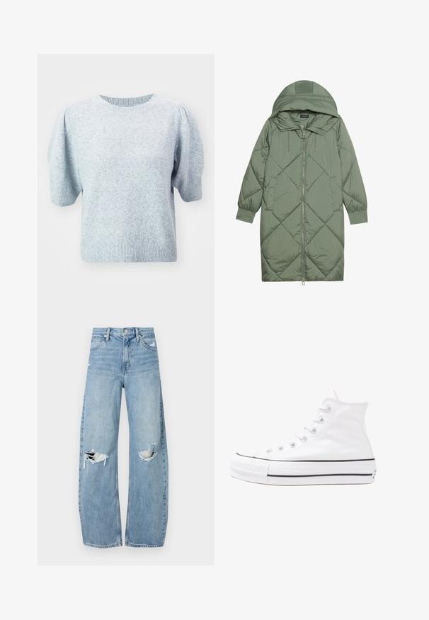 Prošívaný dlouhý zelený péřový kabát s kapucí, který má přední zip a dvě boční kapsy. Po celém povrchu je texturovaný diamantový vzor.; ONLY ONLRICA LIFE PULLOVER - Svetr - light grey; Světle modré džíny s vysokým pasem vyrobené z denimu. Mají široké nohavice, dvě roztržené oblasti na kolenou a klasický pětikapsový střih.; Bílé vysoké plátěné tenisky s černou gumovou podrážkou, přední gumovou špičkou a šesti očky na tkaničky, se čistým, minimalistickým designem.