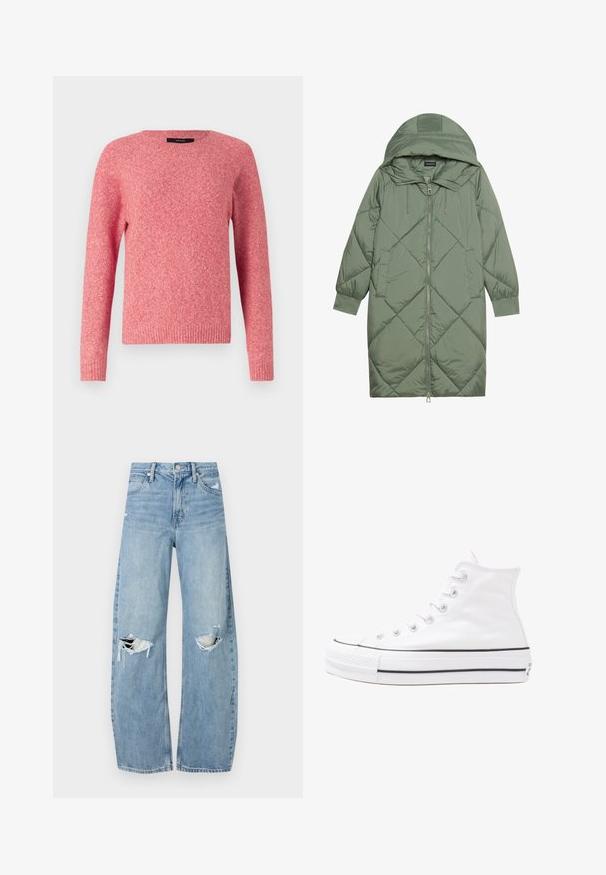 Prostorna dolga zeleni puffer plašč s kapuco, z zadrgo spredaj in dvema stranskima žepoma. Tekstura z diamantnim vzorcem po celotni površini.; Rdeča pletena jopica z okroglo ovratnikom in dolgimi rokavi. Ima teksturirano tkanino ter rebraste manšete in rob.; Svijetloplave traperice visoki struk. Imaju široke nogavice, dva poderana područja na koljenima i klasičan petotoksi stil.; Beli visoki platneni športni čevelj z črnim gumijastim podplatom, sprednjim gumijastim zaščitnikom za prste in šestimi luknjicami za vezalke, ki se ponaša s preprostim, minimalističnim dizajnom.