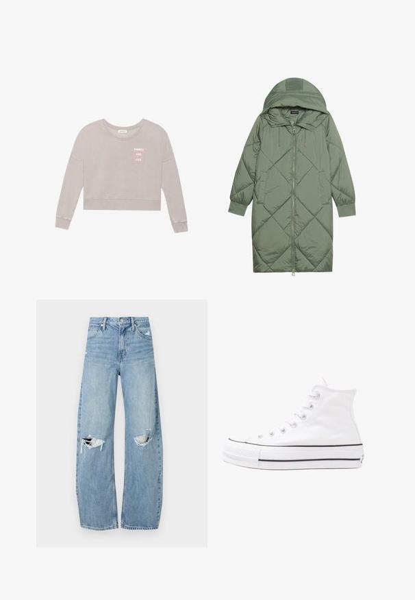Cappotto lungo imbottito verde con un cappuccio, caratterizzato da una chiusura frontale a zip e due tasche laterali. Motivo a rombi testurizzati su tutta la superficie.; Felpa grigia chiara a maniche lunghe e taglio cropped, con una texture morbida e stampa "SUMMER LOVE CLUB" in rosa. Presenta un collo rotondo e orlo a coste.; Jeans azzurri chiari a vita alta realizzati in denim. Presentano gambe larghe, due aree strappate sulle ginocchia e il classico styling a cinque tasche.; Sneaker alta in tela bianca con suola in gomma nera, punta in gomma frontale e sei asole per i lacci, caratterizzata da un design pulito e minimalista.