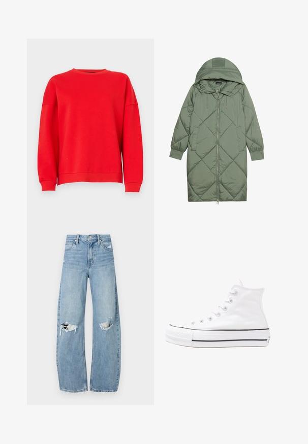 Quiltet lang grønn pufferjakke med hette, med en frontglidelås og to sidelommer. Teksturerte diamantmønster overalt.; Rød sweatshirt laget av mykt stoff med rund hals, senkede skuldre og ribbestrikkede mansjetter. Enkel design, uten mønstre eller grafikk.; Lyseblå høytlivsjeans laget av denim. Har vide bein, to revne knær og klassisk fem-lommers design.; Hvit høy-skinn kanvas sneakers med svart gummisåle, gummitåhette foran og seks hull for snorer, med et rent, minimalistisk design.