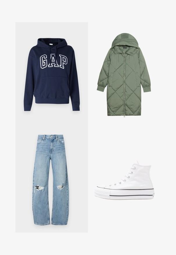 Cele nouă pictate în verde închis, din material pufos, cu glugă, care dispune de închidere cu fermoar frontal și două buzunare laterale. Model texturat cu un model în diamant pe întreaga suprafață.; Hanorac bleumarin din material din bumbac, cu un buzunar frontal, cu manșete și tiv cu nervuri, având „GAP” imprimat proeminent în alb.; Jeans de denim, de un bleu deschis, cu talie înaltă. Au picioare late, două zone rupte la genunchi și un stil clasic cu cinci buzunare.; Adidași albi tip pantofi sport cu glezna din pânză, cu talpă din cauciuc negru, capac de vârf din cauciuc frontal și șase ochiuri pentru șireturi, având un design curat și minimalist.