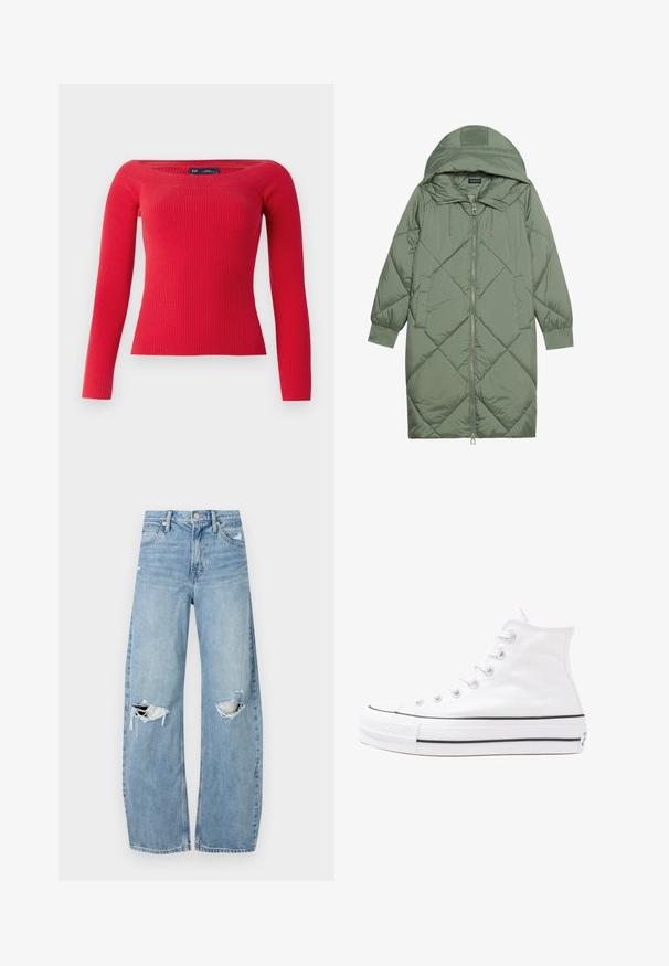 Vihreä vuorattu pitkänmallinen puhvitakki, jossa on huppu, etuvetoketju ja kaksi sivutaskua. Koko takin pinta on teksturoidussa timanttikuviossa.; Punainen ribattu pitkähihainen neule, jossa on leveä pääntie ja tiukka siluetti, valmistettu joustavasta neuloskankaasta.; Vaaleansiniset, korkeavyötäröiset farkut, jotka on valmistettu denimmateriaalista. Ominaisuuksiin kuuluvat leveät lahkeet, kaksi revittyä polvialuetta ja klassinen viiden taskun tyyli.; Valkoiset korkeavartiset kangaskengät mustalla kumipohjalla, edessä kuminen varvasosa ja kuusi nauha-aukkoa, puhtaan minimalistisella muotoilulla.