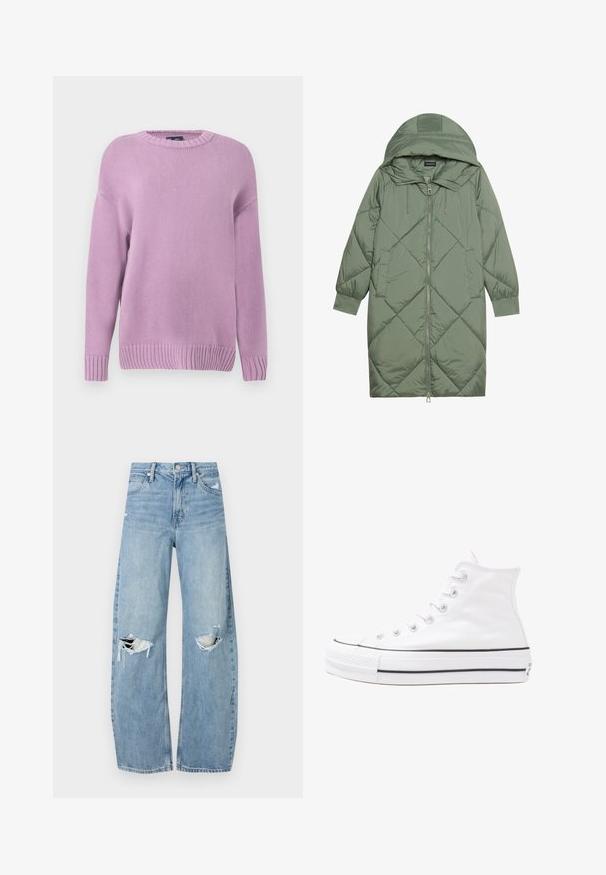 Prošívaný dlouhý zelený péřový kabát s kapucí, který má přední zip a dvě boční kapsy. Po celém povrchu je texturovaný diamantový vzor.; Fialový pletený svetr s kulatým výstřihem, dlouhými rukávy, žebrovanými manžetami a lemem, s texturovaným, jemným povrchem.; Světle modré džíny s vysokým pasem vyrobené z denimu. Mají široké nohavice, dvě roztržené oblasti na kolenou a klasický pětikapsový střih.; Bílé vysoké plátěné tenisky s černou gumovou podrážkou, přední gumovou špičkou a šesti očky na tkaničky, se čistým, minimalistickým designem.