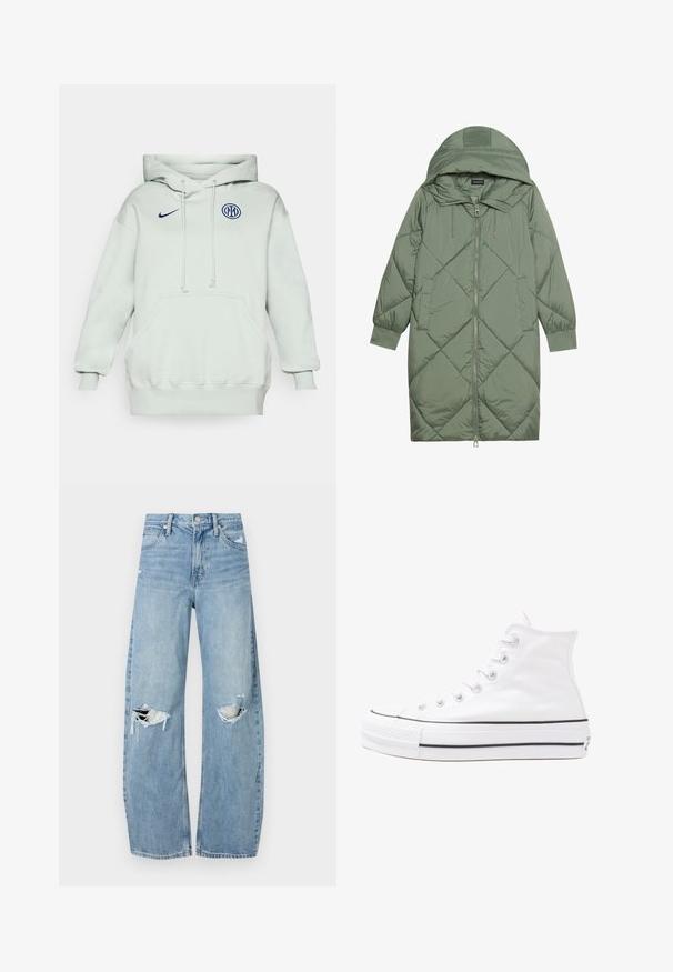 Cele nouă pictate în verde închis, din material pufos, cu glugă, care dispune de închidere cu fermoar frontal și două buzunare laterale. Model texturat cu un model în diamant pe întreaga suprafață.; Hanorac verde deschis cu o mare buzunar frontal, cordon de ajustare și manșete cu model în relief. Prezintă un logo Nike albastru și un emblema circulară albastră pe piept.; Jeans de denim, de un bleu deschis, cu talie înaltă. Au picioare late, două zone rupte la genunchi și un stil clasic cu cinci buzunare.; Adidași albi tip pantofi sport cu glezna din pânză, cu talpă din cauciuc negru, capac de vârf din cauciuc frontal și șase ochiuri pentru șireturi, având un design curat și minimalist.