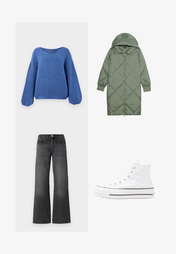 Vihreä vuorattu pitkänmallinen puhvitakki, jossa on huppu, etuvetoketju ja kaksi sivutaskua. Koko takin pinta on teksturoidussa timanttikuviossa.; Sininen neulepusero, jossa on V-pääntie, pitkät puffihihat ja tekstuuri. Pehmeä kangas rentoa mittaa varten, jossa on joustavat hihansuut.; Löysät farkut tummanharmaasta denimistä. Ominaisuuksiin kuuluu viisi taskua, nappikiinnitys ja hillitty kulutus kankaassa. Klassinen tikkauskoristelu.; Valkoiset korkeavartiset kangaskengät mustalla kumipohjalla, edessä kuminen varvasosa ja kuusi nauha-aukkoa, puhtaan minimalistisella muotoilulla.