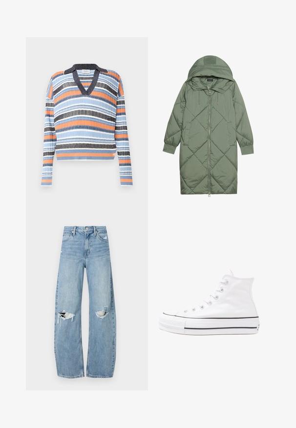 Quilted long green puffer coat with a hood, featuring a front zipper closure and two side pockets. Textured diamond pattern throughout.; Striped pullover sweater featuring a V-neck and collar. Colors include blue, orange, black, and white. Textured ribbed fabric. Cropped design.; Light blue, high-waisted jeans made of denim. Feature wide legs, two torn knee areas, and classic five-pocket styling.; White high-top canvas sneaker with black rubber sole, front rubber toe cap, and six eyelets for laces, featuring a clean, minimalist design.