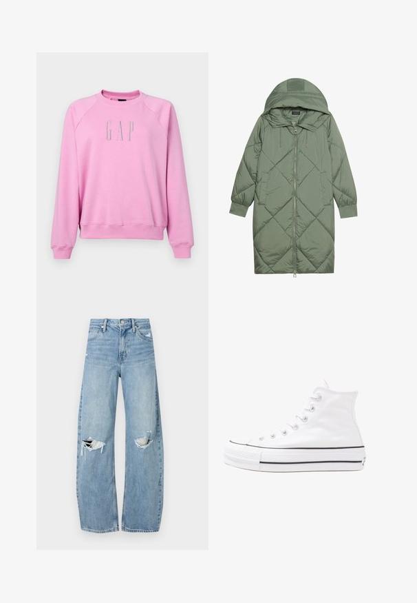 Κοντό πράσινο πούπερ μπουφάν με κουκούλα, διαθέτοντας κεντρικό φερμουάρ και δύο πλαϊνές τσέπες. Υφασμάτινο σχέδιο με ρόμβους σε όλη την επιφάνεια.; GAP LOGO CREW - Φούτερ - pink; Ανοιχτόμπλε, ψηλόμεσα τζιν φτιαγμένα από τζιν ύφασμα. Διαθέτουν φαρδιές καμπάνες, δύο σκισμένα γόνατα και κλασικό στιλ πέντε τσεπών.; Λευκό ψηλό καμβαδάκι αθλητικό παπούτσι με μαύρη καουτσούκ σόλα, πρόσθιο καουτσούκ καλύμματος δακτύλου και έξι οπές για κορδόνια, με μια καθαρή και μίνιμαλ σχεδίαση.