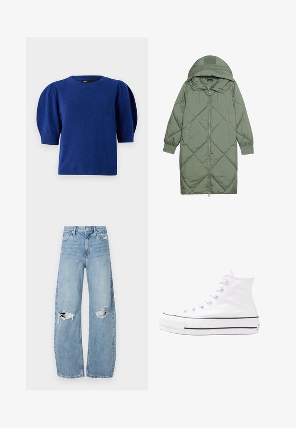Abrigo acolchado largo verde tipo puffer con capucha, que presenta un cierre frontal con cremallera y dos bolsillos laterales. Patrón de diamantes texturizado en toda su superficie.; Suéter de punto azul con mangas abullonadas cortas y cuello redondo. Presenta una textura suave y un dobladillo y puños acanalados.; Vaqueros de mezclilla de tiro alto en azul claro. Tienen piernas anchas, dos áreas desgastadas en las rodillas y un estilo clásico de cinco bolsillos.; Zapatilla de lona alta blanca con suela de goma negra, puntera de goma frontal y seis ojetes para los cordones, que presenta un diseño limpio y minimalista.