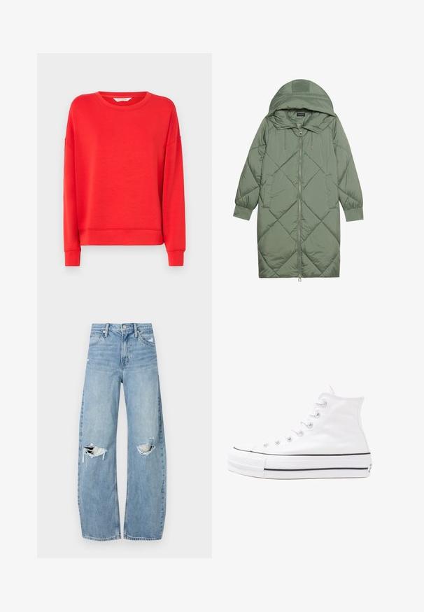 Quiltana duga zelena puffer jakna s kapuljačom, s prednjim zatvaračem i dva bočna džepa. Teksturni dijamantni uzorak kroz cijelu jaknu.; Crvena dukserica od mekog materijala, s okruglim izrezom, spuštenim ramenima i rebrastim manžetama. Jednostavan dizajn bez uzoraka ili ukrasa.; Svijetloplave, visoko-strukirane traperice. Imaju široke nogavice, dva razderana područja na koljenima i klasičan stil s pet džepova.; Bijela visoka platnena tenisica s crnom gumenom potplatom, prednjim gumenim zaštitnikom prstiju i šest rupa za vezanje, s čistim, minimalističkim dizajnom.