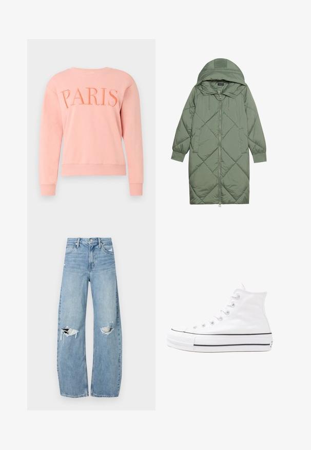 Quiltet lang grønn pufferjakke med hette, med en frontglidelås og to sidelommer. Teksturerte diamantmønster overalt.; Rosa bomullssweatshirt med rund hals og ribbede ermer, med ordet "PARIS" brodert i en litt mørkere nyanse.; Lyseblå høytlivsjeans laget av denim. Har vide bein, to revne knær og klassisk fem-lommers design.; Hvit høy-skinn kanvas sneakers med svart gummisåle, gummitåhette foran og seks hull for snorer, med et rent, minimalistisk design.