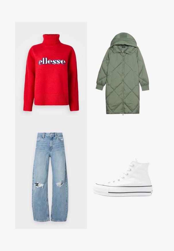Quilted long green puffer coat with a hood, featuring a front zipper closure and two side pockets. Textured diamond pattern throughout.; Red knitted sweater with a high ribbed collar. Features horizontal ribbing at the hem and cuffs. "ellesse" logo is prominently displayed in blue and white.; Light blue, high-waisted jeans made of denim. Feature wide legs, two torn knee areas, and classic five-pocket styling.; White high-top canvas sneaker with black rubber sole, front rubber toe cap, and six eyelets for laces, featuring a clean, minimalist design.