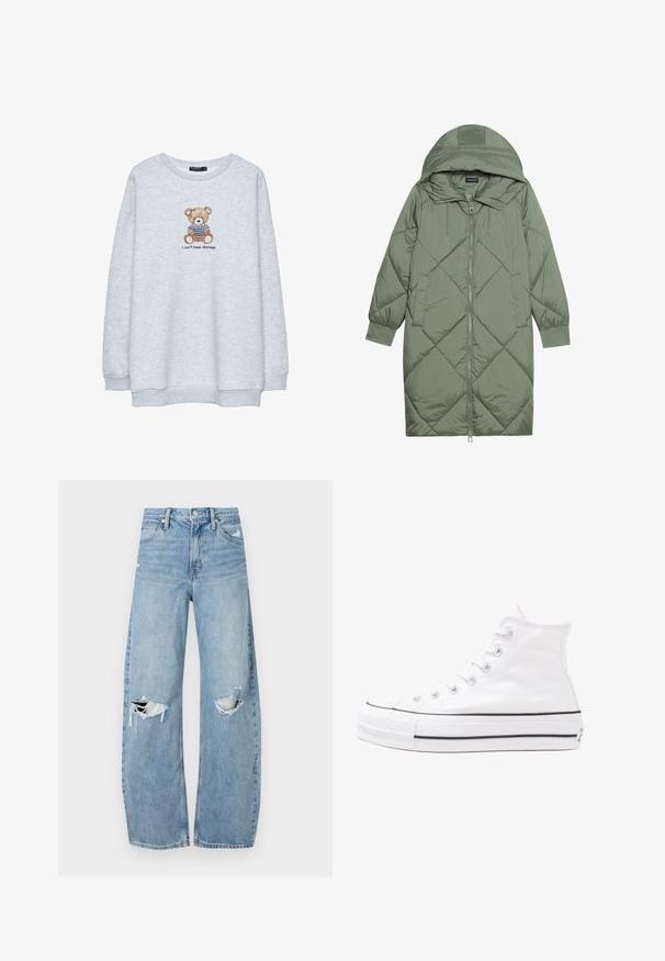 Puchowy, długi, zielony płaszcz z kapturem, z zamkiem błyskawicznym z przodu i dwoma bocznymi kieszeniami. Całość pokryta fakturowanym wzorem diamentowym.; Jasnoszary sweatshirt z okrągłym dekoltem, ozdobiony haftowanym misiem w paski oraz napisem "Nie mogę znieść poniedziałków" poniżej.; Jasnoniebieskie, wysokiej talii dżinsy wykonane z denimu. Posiadają szerokie nogawki, dwa podarte miejsca na kolanach oraz klasyczne pięć kieszeni.; Białe wysokie trampki z płótna z czarną gumową podeszwą, przednim czubkiem z gumy i sześcioma dziurkami na sznurowadła, charakteryzujące się prostym, minimalistycznym designem.