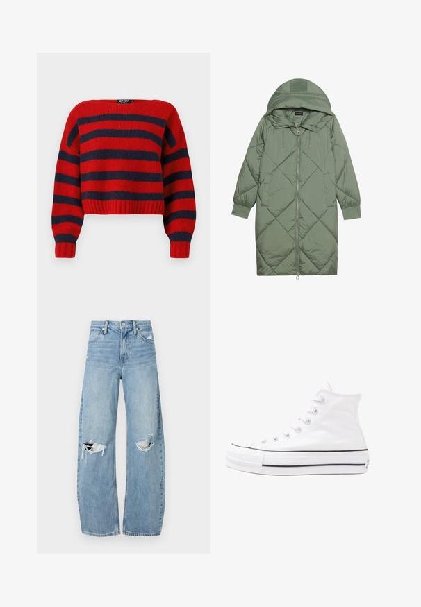 Prostorna dolga zeleni puffer plašč s kapuco, z zadrgo spredaj in dvema stranskima žepoma. Tekstura z diamantnim vzorcem po celotni površini.; Cropped pulover na rdeče in mornarsko moder trak s rebrastim robom in dolgimi rokavi, izdelan iz mehke pletene tkanine. Oznaka kaže "ONLY."; Svijetloplave traperice visoki struk. Imaju široke nogavice, dva poderana područja na koljenima i klasičan petotoksi stil.; Beli visoki platneni športni čevelj z črnim gumijastim podplatom, sprednjim gumijastim zaščitnikom za prste in šestimi luknjicami za vezalke, ki se ponaša s preprostim, minimalističnim dizajnom.