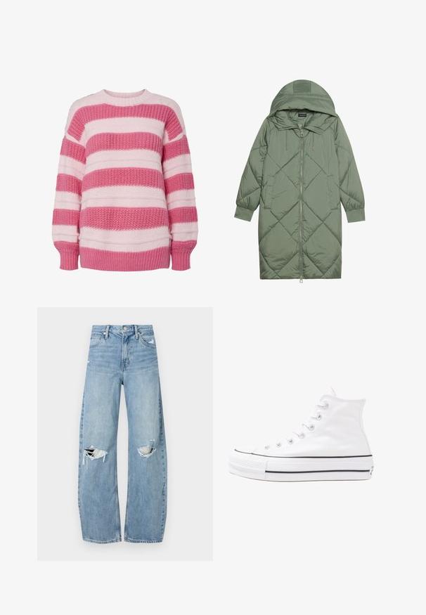 Steppelt, hosszú zöld pufikabát kapucnival, elöl cipzáras záródással és két oldalsó zsebből áll. Az anyagon teljes hosszában váltakozó gyémántmintázat található.; Világos rózsaszín és sötét rózsaszín csíkos pulóver, texturált anyagból készült, kerek nyakkal és bordázott mandzsettával.; Világoskék, magas derekú farmernadrág. Széles lábakkal, két szakadt térddel és klasszikus öt zsebes dizájnnal rendelkezik.; Fehér magaskorsó vászon sportcipő fekete gumi talppal, elülső gumi orrnyereggel és hat fűzőlyukkal, letisztult, minimalista dizájnnal.