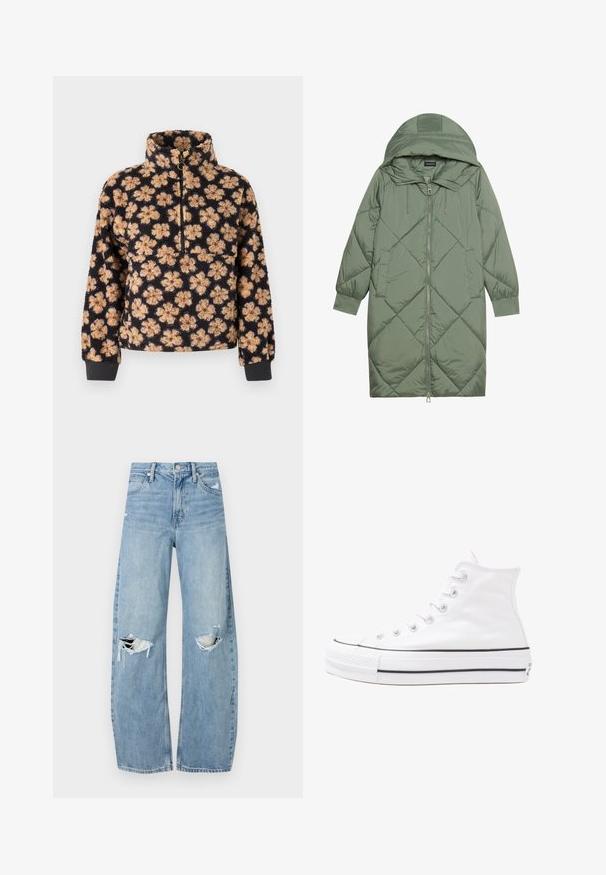 Zelený prešívaný páperový kabát s kapucňou, so zipsovým uzáverom vpredu a dvoma bočnými vreckami. Po celom povrchu je textúrovaný diamantový vzor.; Čierny fleecový pulóver s vysokým golierom, s kvetinovým vzorom v béžovej a hnedej farbe. Zips pri krku a rebrované manžety pre lepšie prispôsobenie.; Svetlomodré, vysoké džínsy vyrobené z denimu. Majú široké nohavice, dve roztrhnuté kolená a klasický päťvreckový strih.; Biele vysoké plátené tenisky s čiernou gumovou podošvou, prednou gumovou špičkou a šiestimi okami na šnúrky, s čistým, minimalistickým dizajnom.
