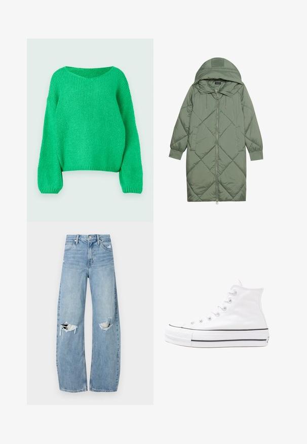 Prostorna dolga zeleni puffer plašč s kapuco, z zadrgo spredaj in dvema stranskima žepoma. Tekstura z diamantnim vzorcem po celotni površini.; Zeleni pleteni pulover z ohlapnim krojem, širokim izrezom in dolgimi rokavi. Tekstura je rebrasta, z debelim šivom.; Svijetloplave traperice visoki struk. Imaju široke nogavice, dva poderana područja na koljenima i klasičan petotoksi stil.; Beli visoki platneni športni čevelj z črnim gumijastim podplatom, sprednjim gumijastim zaščitnikom za prste in šestimi luknjicami za vezalke, ki se ponaša s preprostim, minimalističnim dizajnom.