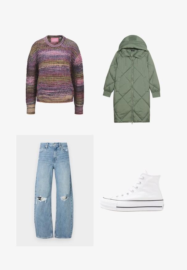 Pistetud pikk roheline puffermantel kapuutsiga, esiküljel tõmblukuga ja kahe küljetaskuga. Kogu pinnal on struktureeritud rombikujundus.; Kootud sviiter, millel on ümar kaelus, mitmevärvilised triibud roosa, kollase ja rohelise tooni, ning soonikkoes varrukad ja alläär. Puuvilla segumaterjal.; Heledad hallideega sinised teksad, millel on kõrge talje. Teksade jalgadel on lai alus, kaks rebitud kohta põlvede ümber ning klassikaline viie tasku stiil.; Valge kõrgem kangast tenniseking, millel on must kummist tald, ees kummist varvasetugi ja kuus aukku paelte jaoks, pakkudes puhta ja minimalistliku disaini.