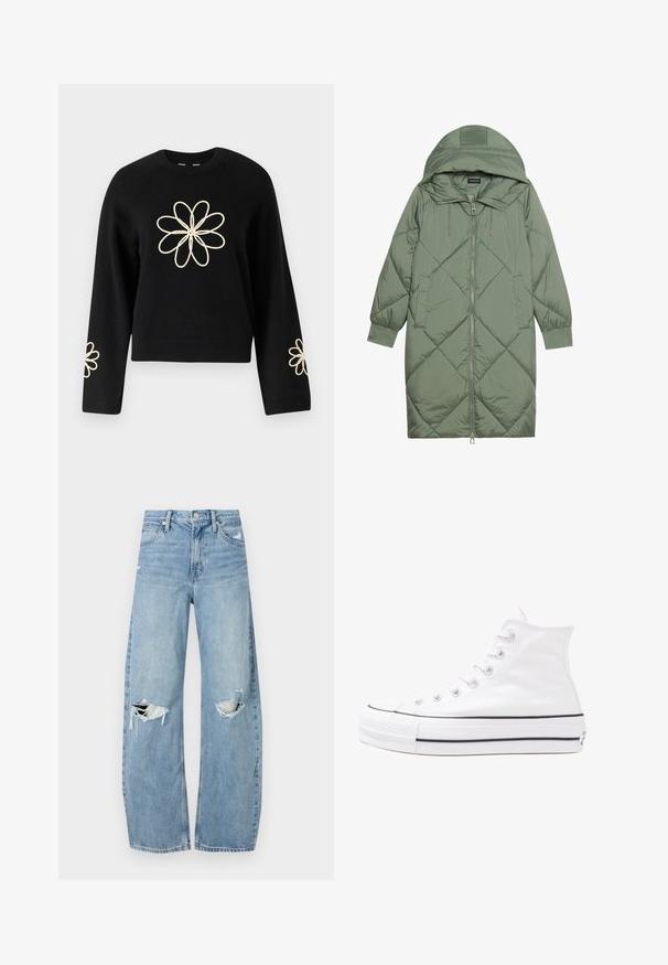 Puchowy, długi, zielony płaszcz z kapturem, z zamkiem błyskawicznym z przodu i dwoma bocznymi kieszeniami. Całość pokryta fakturowanym wzorem diamentowym.; Czarny sweter z długimi rękawami, z dużym kremowym haftem kwiatu na klatce piersiowej oraz mniejszymi kwiatami na każdym rękawie. Miękka tekstura.; Jasnoniebieskie, wysokiej talii dżinsy wykonane z denimu. Posiadają szerokie nogawki, dwa podarte miejsca na kolanach oraz klasyczne pięć kieszeni.; Białe wysokie trampki z płótna z czarną gumową podeszwą, przednim czubkiem z gumy i sześcioma dziurkami na sznurowadła, charakteryzujące się prostym, minimalistycznym designem.