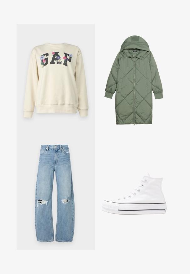 Zelený prešívaný páperový kabát s kapucňou, so zipsovým uzáverom vpredu a dvoma bočnými vreckami. Po celom povrchu je textúrovaný diamantový vzor.; GAP HERITAGE  - Mikina - off white; Svetlomodré, vysoké džínsy vyrobené z denimu. Majú široké nohavice, dve roztrhnuté kolená a klasický päťvreckový strih.; Biele vysoké plátené tenisky s čiernou gumovou podošvou, prednou gumovou špičkou a šiestimi okami na šnúrky, s čistým, minimalistickým dizajnom.