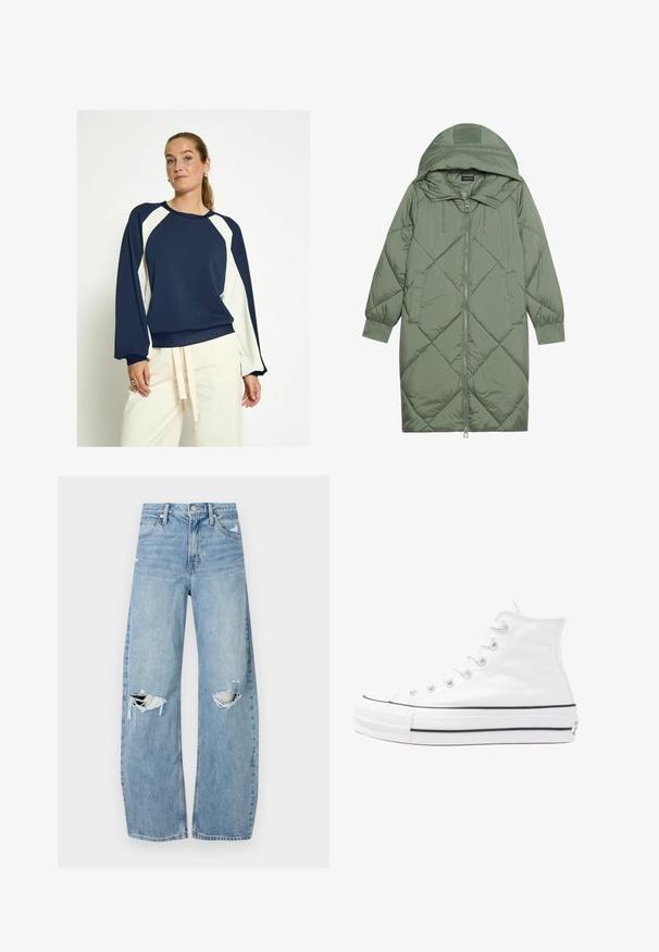 Gequiltede lange groene pufferjas met een capuchon, met een ritssluiting aan de voorkant en twee zijzakken. Gelaagd ruitpatroon overal.; PEPPERCORN DICETTE - Sweater - black iris; Lichtblauwe, hooggeritste jeans van denim. Beschikken over wijde pijpen, twee gescheurde knievalken en klassieke vijfzakken styling.; Witte high-top canvas sneakers met een zwarte rubberen zool, een rubberen neuskap aan de voorkant en zes gaatjes voor veters, met een schone, minimalistische uitstraling.