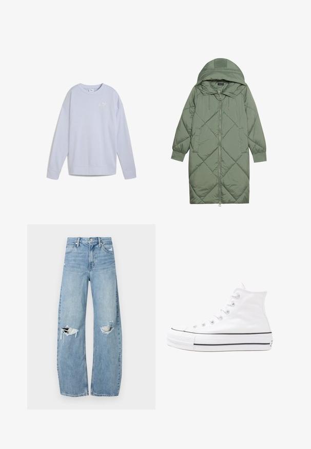 Cappotto lungo imbottito verde con un cappuccio, caratterizzato da una chiusura frontale a zip e due tasche laterali. Motivo a rombi testurizzati su tutta la superficie.; Felpa azzurra realizzata in tessuto morbido, con collo rotondo, maniche lunghe e un piccolo logo Puma bianco sulla parte anteriore.; Jeans azzurri chiari a vita alta realizzati in denim. Presentano gambe larghe, due aree strappate sulle ginocchia e il classico styling a cinque tasche.; Sneaker alta in tela bianca con suola in gomma nera, punta in gomma frontale e sei asole per i lacci, caratterizzata da un design pulito e minimalista.