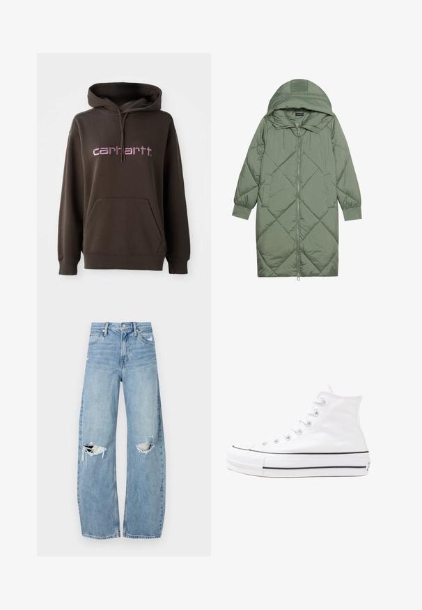 Steppelt, hosszú zöld pufikabát kapucnival, elöl cipzáras záródással és két oldalsó zsebből áll. Az anyagon teljes hosszában váltakozó gyémántmintázat található.; Barna kapucnis pulóver, elöl kenguru zsebből, a "carhartt" márka rózsaszín betűivel. Puha anyagból készült, texturált felülettel.; Világoskék, magas derekú farmernadrág. Széles lábakkal, két szakadt térddel és klasszikus öt zsebes dizájnnal rendelkezik.; Fehér magaskorsó vászon sportcipő fekete gumi talppal, elülső gumi orrnyereggel és hat fűzőlyukkal, letisztult, minimalista dizájnnal.