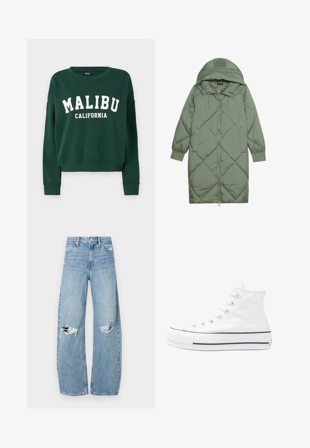 Gequiltede lange groene pufferjas met een capuchon, met een ritssluiting aan de voorkant en twee zijzakken. Gelaagd ruitpatroon overal.; ONLY ONL LIFE CREW STATE NOOS - Sweater - pine grove; Lichtblauwe, hooggeritste jeans van denim. Beschikken over wijde pijpen, twee gescheurde knievalken en klassieke vijfzakken styling.; Witte high-top canvas sneakers met een zwarte rubberen zool, een rubberen neuskap aan de voorkant en zes gaatjes voor veters, met een schone, minimalistische uitstraling.