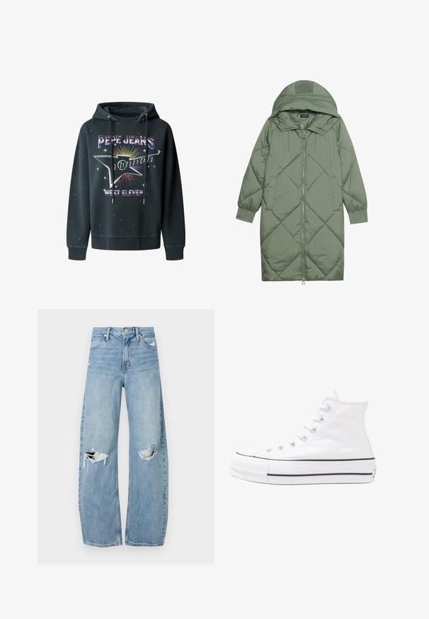 Cappotto lungo imbottito verde con un cappuccio, caratterizzato da una chiusura frontale a zip e due tasche laterali. Motivo a rombi testurizzati su tutta la superficie.; Felpa nera in pile, con stampa grafica che presenta "Pepe Jeans London" e "West Eleven", cappuccio con cordoncino e accenti a forma di stella.; Jeans azzurri chiari a vita alta realizzati in denim. Presentano gambe larghe, due aree strappate sulle ginocchia e il classico styling a cinque tasche.; Sneaker alta in tela bianca con suola in gomma nera, punta in gomma frontale e sei asole per i lacci, caratterizzata da un design pulito e minimalista.