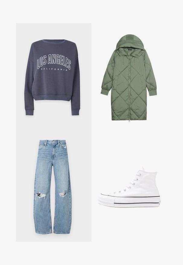 Abrigo acolchado largo verde tipo puffer con capucha, que presenta un cierre frontal con cremallera y dos bolsillos laterales. Patrón de diamantes texturizado en toda su superficie.; Sudadera recortada azul marino con el texto en blanco "LOS ÁNGELES" y "CALIFORNIA" debajo. Presenta un cuello y puños acanalados, confeccionada en una tela suave.; Vaqueros de mezclilla de tiro alto en azul claro. Tienen piernas anchas, dos áreas desgastadas en las rodillas y un estilo clásico de cinco bolsillos.; Zapatilla de lona alta blanca con suela de goma negra, puntera de goma frontal y seis ojetes para los cordones, que presenta un diseño limpio y minimalista.