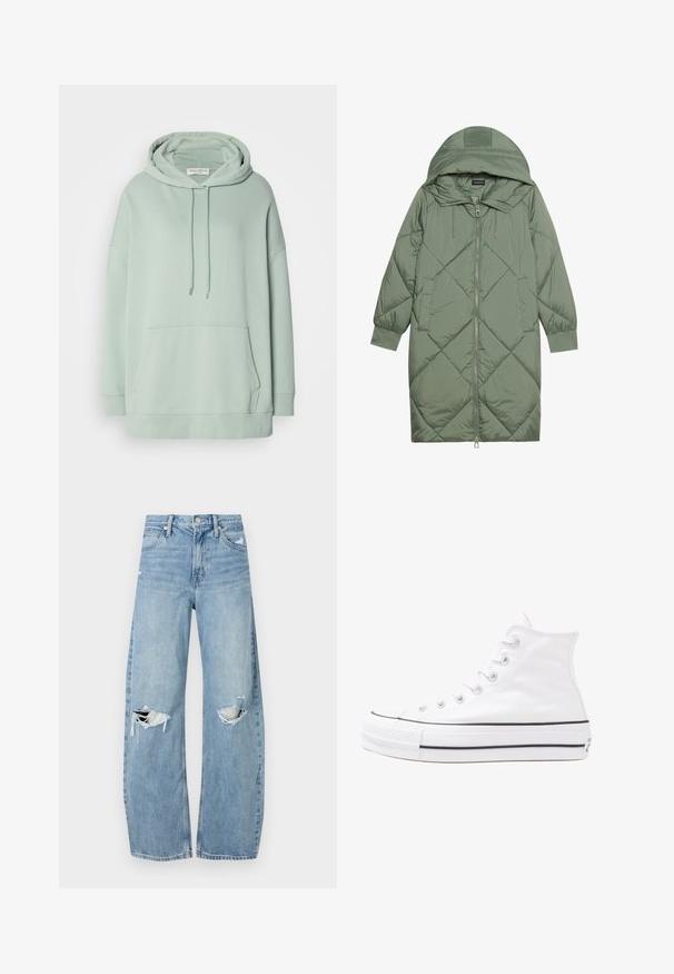 Prošívaný dlouhý zelený péřový kabát s kapucí, který má přední zip a dvě boční kapsy. Po celém povrchu je texturovaný diamantový vzor.; Mátově zelená mikina s kapucí, uvolněný střih, přední klokanka a šňůrkový detail. Vyrobena z měkkého textilního materiálu.; Světle modré džíny s vysokým pasem vyrobené z denimu. Mají široké nohavice, dvě roztržené oblasti na kolenou a klasický pětikapsový střih.; Bílé vysoké plátěné tenisky s černou gumovou podrážkou, přední gumovou špičkou a šesti očky na tkaničky, se čistým, minimalistickým designem.