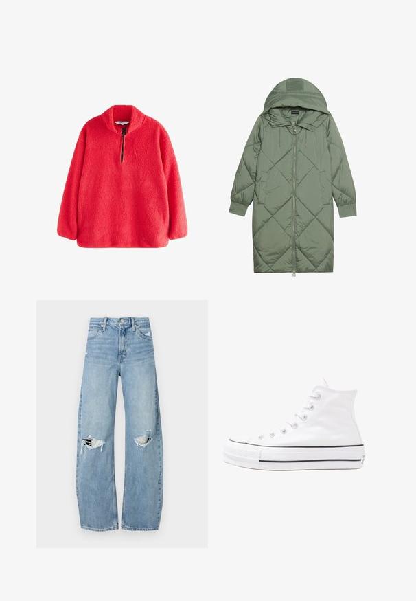 Quiltet lang grøn pufferjakke med hætte, med frontlynlås og to sidelommer. Teksturret diamantmønster over det hele.; Rød fleece pullover med høj krave og halvlanga lynlås, der har en blød, tekstureret overflade. Lange ærmer med afslappet pasform.; Lysblå, højtraljede jeans lavet af denim. Har brede ben, to huller ved knæene og klassisk fem-lommes stil.; Hvide høje kanvas sneakers med sort gummisål, gummitåhætte foran og seks øjehuller til snørebånd, der har et rent, minimalistisk design.