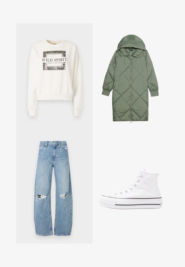 Prostorna dolga zeleni puffer plašč s kapuco, z zadrgo spredaj in dvema stranskima žepoma. Tekstura z diamantnim vzorcem po celotni površini.; Bela dukserica s skrajšanim dizajnom, ki vsebuje leopardji potisk in črn napis "DIVJI DUH RODJEN, DA BO SVOBODEN." Rokavi z manšetami.; Svijetloplave traperice visoki struk. Imaju široke nogavice, dva poderana područja na koljenima i klasičan petotoksi stil.; Beli visoki platneni športni čevelj z črnim gumijastim podplatom, sprednjim gumijastim zaščitnikom za prste in šestimi luknjicami za vezalke, ki se ponaša s preprostim, minimalističnim dizajnom.