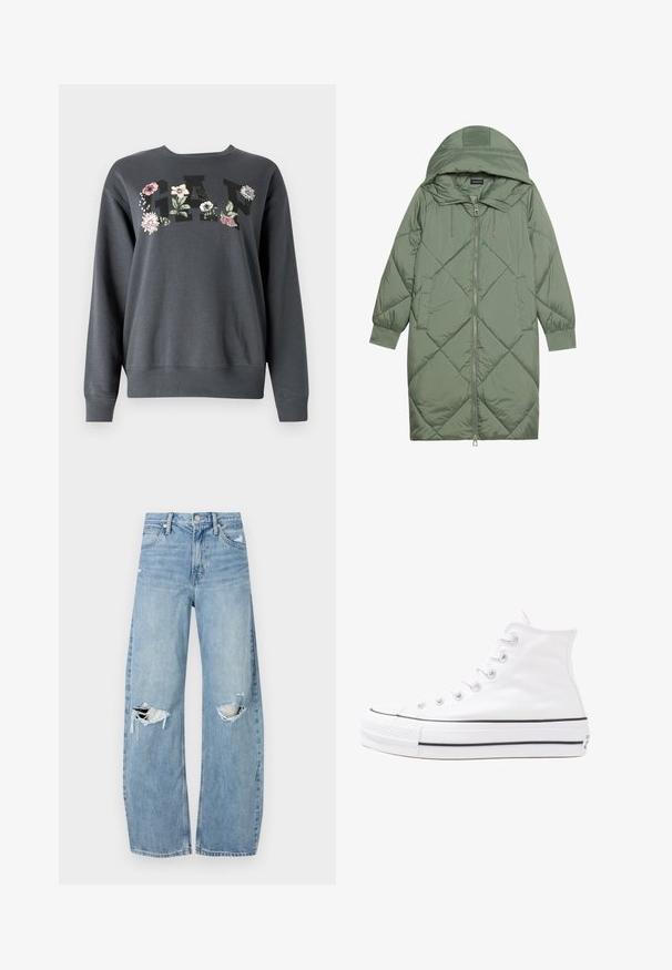 Abrigo acolchado largo verde tipo puffer con capucha, que presenta un cierre frontal con cremallera y dos bolsillos laterales. Patrón de diamantes texturizado en toda su superficie.; GAP HERITAGE CREW - Sudadera - cast iron; Vaqueros de mezclilla de tiro alto en azul claro. Tienen piernas anchas, dos áreas desgastadas en las rodillas y un estilo clásico de cinco bolsillos.; Zapatilla de lona alta blanca con suela de goma negra, puntera de goma frontal y seis ojetes para los cordones, que presenta un diseño limpio y minimalista.