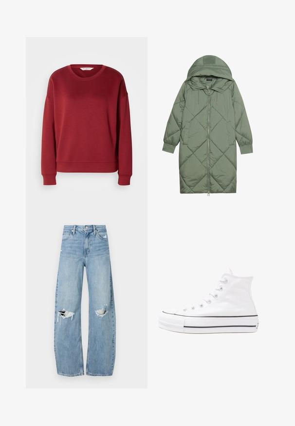 Izšūts garš zaļš pūšļa mētelis ar kapuci, ar priekšējo rāvējslēdzēju un divām sānu kabatām. Visā virsmā ir teksturēta dimanta raksts.; Sarkanais džemperis ar apaļu kakla izgriezumu, kritiskām plecu šuvēm, ribotām piedurknēm un apakšmalu. Izgatavots no mīkstas, gludas auduma ar vienkāršu, viendabīgu krāsu.; Gaiši zili, augstās vidukļa džinsi, kas izgatavoti no denima. Iespējas plašas kājas, divas plēstas ceļa daļas un klasiskā piecu kabatu dizains.; Balti augstie kanvas sporta apavi ar melnu gumijas zoli, priekšējo gumijas purngalu un sešām acīm lencēm, kuriem ir tīrs, minimālistisks dizains.