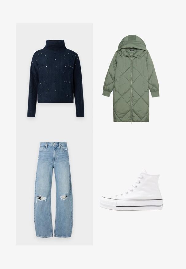 Casaco puffer longo verde acolchoado com capuz, apresentando um fecho frontal com zíper e dois bolsos laterais. Padrão texturizado em forma de diamante por todo o casaco.; Sweater de gola alta azul-marinho com design de malha trançada e studs decorativos espalhados. Apresenta mangas longas e um ajuste descontraído.; Jeans de lavagem clara, de cintura alta, feitos de denim. Apresentam pernas largas, duas áreas rasgadas nos joelhos e o estilo clássico de cinco bolsos.; Sapatilha alta de tela branca com sola de borracha preta, bico de borracha na frente e seis ilhós para os atacadores, apresentando um design limpo e minimalista.