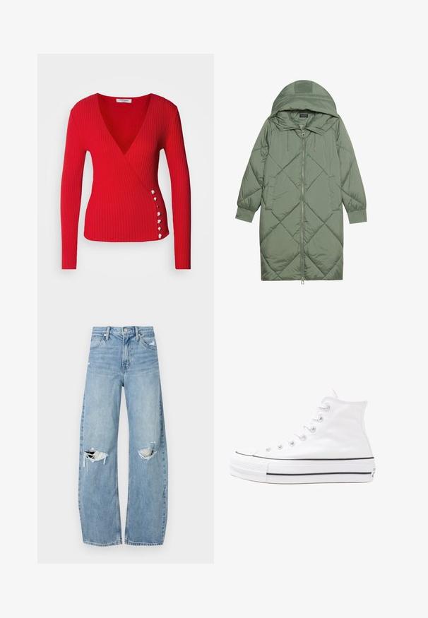Steppelt, hosszú zöld pufikabát kapucnival, elöl cipzáras záródással és két oldalsó zsebből áll. Az anyagon teljes hosszában váltakozó gyémántmintázat található.; Morgan Pulóver - rouge; Világoskék, magas derekú farmernadrág. Széles lábakkal, két szakadt térddel és klasszikus öt zsebes dizájnnal rendelkezik.; Fehér magaskorsó vászon sportcipő fekete gumi talppal, elülső gumi orrnyereggel és hat fűzőlyukkal, letisztult, minimalista dizájnnal.