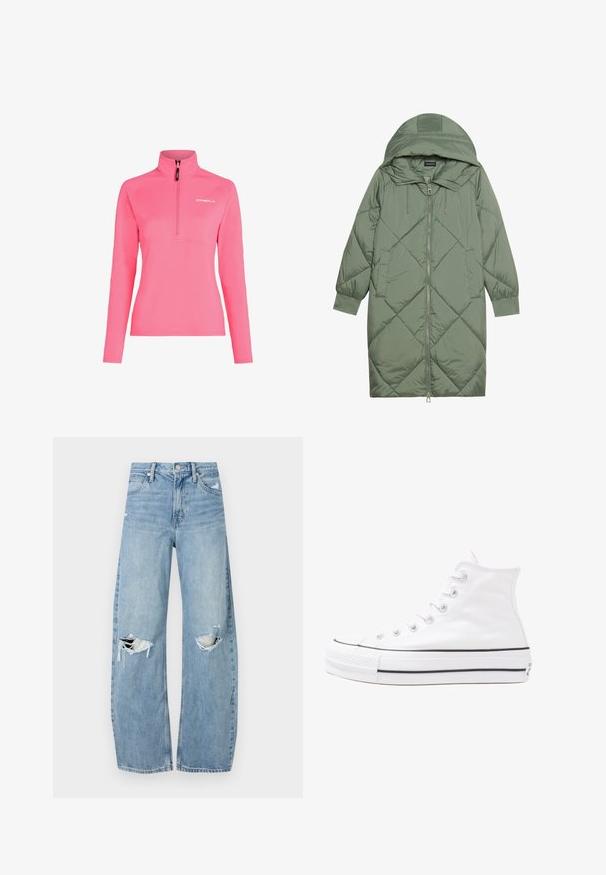 Abrigo acolchado largo verde tipo puffer con capucha, que presenta un cierre frontal con cremallera y dos bolsillos laterales. Patrón de diamantes texturizado en toda su superficie.; Sudadera de manga larga en rosa brillante con un cuello de media cremallera, fabricada en un tejido ligero y suave, con un logo blanco de O'Neill en el pecho.; Vaqueros de mezclilla de tiro alto en azul claro. Tienen piernas anchas, dos áreas desgastadas en las rodillas y un estilo clásico de cinco bolsillos.; Zapatilla de lona alta blanca con suela de goma negra, puntera de goma frontal y seis ojetes para los cordones, que presenta un diseño limpio y minimalista.