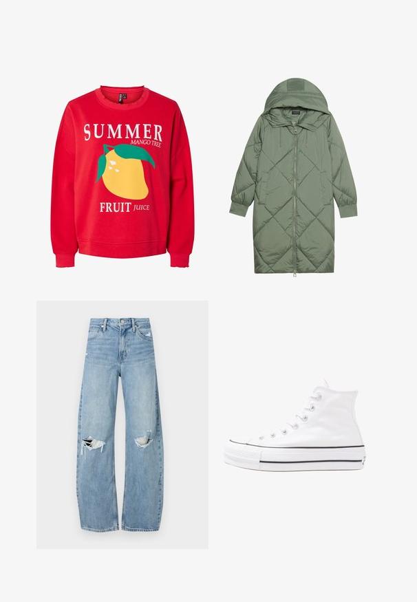 Abrigo acolchado largo verde tipo puffer con capucha, que presenta un cierre frontal con cremallera y dos bolsillos laterales. Patrón de diamantes texturizado en toda su superficie.; Sudadera roja con un gran gráfico de mango amarillo rodeado de hojas verdes, y texto blanco que dice "JUGO DE FRUTA DEL ÁRBOL DE MANGO VERANO".; Vaqueros de mezclilla de tiro alto en azul claro. Tienen piernas anchas, dos áreas desgastadas en las rodillas y un estilo clásico de cinco bolsillos.; Zapatilla de lona alta blanca con suela de goma negra, puntera de goma frontal y seis ojetes para los cordones, que presenta un diseño limpio y minimalista.