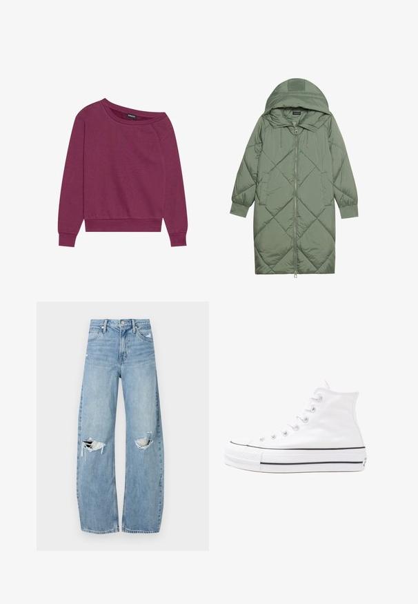 Zelený prešívaný páperový kabát s kapucňou, so zipsovým uzáverom vpredu a dvoma bočnými vreckami. Po celom povrchu je textúrovaný diamantový vzor.; Magenta cropped mikina bez ramienok s dlhými rukávmi, rebrovanými manžetami a lemom. Vyrobená z jemného materiálu, s voľným strihom a hladkou textúrou.; Svetlomodré, vysoké džínsy vyrobené z denimu. Majú široké nohavice, dve roztrhnuté kolená a klasický päťvreckový strih.; Biele vysoké plátené tenisky s čiernou gumovou podošvou, prednou gumovou špičkou a šiestimi okami na šnúrky, s čistým, minimalistickým dizajnom.