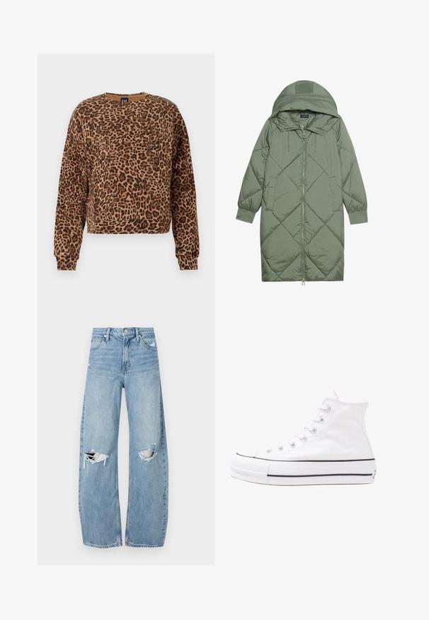 Cappotto lungo imbottito verde con un cappuccio, caratterizzato da una chiusura frontale a zip e due tasche laterali. Motivo a rombi testurizzati su tutta la superficie.; Felpa con stampa leopardata in tonalità di marrone e nero. Realizzata in morbido tessuto, presenta un colletto rotondo e maniche lunghe con polsini a costine.; Jeans azzurri chiari a vita alta realizzati in denim. Presentano gambe larghe, due aree strappate sulle ginocchia e il classico styling a cinque tasche.; Sneaker alta in tela bianca con suola in gomma nera, punta in gomma frontale e sei asole per i lacci, caratterizzata da un design pulito e minimalista.