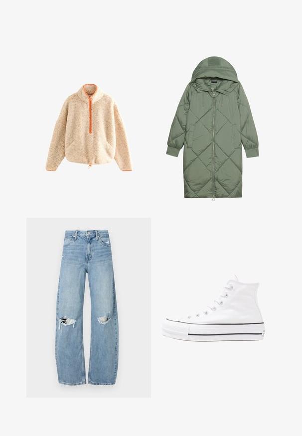 Zelený prešívaný páperový kabát s kapucňou, so zipsovým uzáverom vpredu a dvoma bočnými vreckami. Po celom povrchu je textúrovaný diamantový vzor.; Chlpatý béžový pulóver so zipsom v oranžovej farbe, s doplnkovým golierom, dvoma prednými vreckami a stiahnutým lemom. Mäkka textúra so škvrnkovým detailom.; Svetlomodré, vysoké džínsy vyrobené z denimu. Majú široké nohavice, dve roztrhnuté kolená a klasický päťvreckový strih.; Biele vysoké plátené tenisky s čiernou gumovou podošvou, prednou gumovou špičkou a šiestimi okami na šnúrky, s čistým, minimalistickým dizajnom.