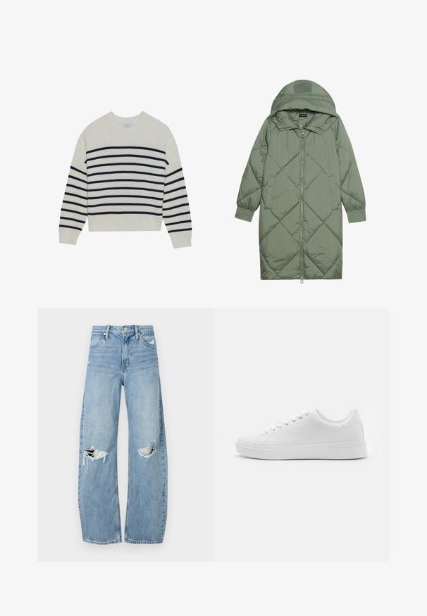 Puchowy, długi, zielony płaszcz z kapturem, z zamkiem błyskawicznym z przodu i dwoma bocznymi kieszeniami. Całość pokryta fakturowanym wzorem diamentowym.; Kremowy sweter w granatowe poziome paski, o prążkowanej strukturze, z okrągłym dekoltem i długimi rękawami. Luźny krój z krótkim fasonem.; Jasnoniebieskie, wysokiej talii dżinsy wykonane z denimu. Posiadają szerokie nogawki, dwa podarte miejsca na kolanach oraz klasyczne pięć kieszeni.; Białe trampki z gładką syntetyczną cholewką, okrągłym noskiem, sześcioma oczkami na sznurowadła i niskoprofilową gumową podeszwą z fakturowanymi detalami.