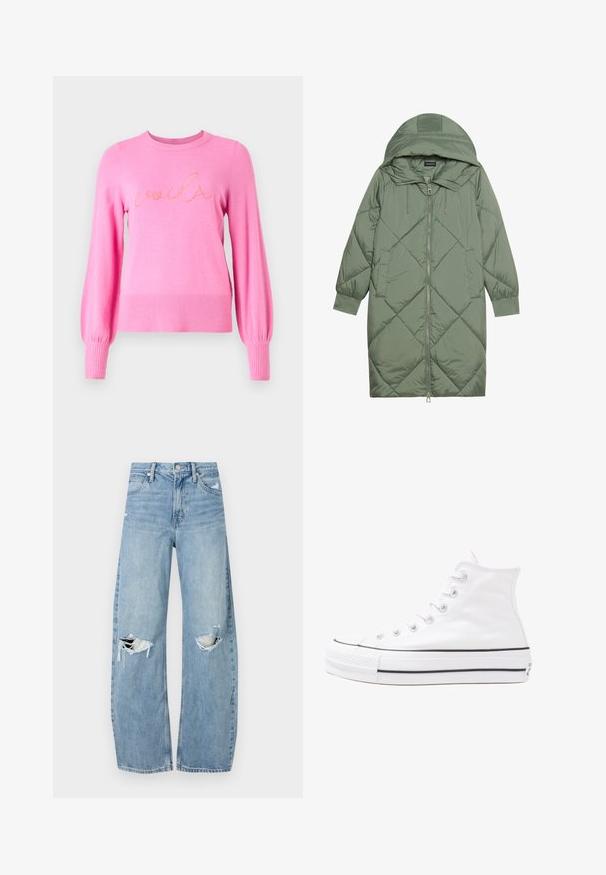 Gesteppten langer grüner Daunenmantel mit Kapuze, mit einem Reißverschluss vorne und zwei Seitentaschen. Strukturiertes Rautenmuster auf der gesamten Fläche.; Rosa Pullover mit geripptem Halsausschnitt und -bündchen, lockerer Passform und mit dem Aufdruck "voilà" aus kontrastierendem Faden auf der Vorderseite.; Helles, hochtailliertes Jeans aus Denim. Hat weit geschnittene Beine, zwei aufgerissene Kniebereiche und klassischen Fünf-Taschen-Stil.; Weiße hochwertige Leinensneaker mit schwarzer Gummisohle, vorderem Gummizehenschutz und sechs Ösen für Schnürsenkel, die ein sauberes, minimalistisches Design aufweisen.